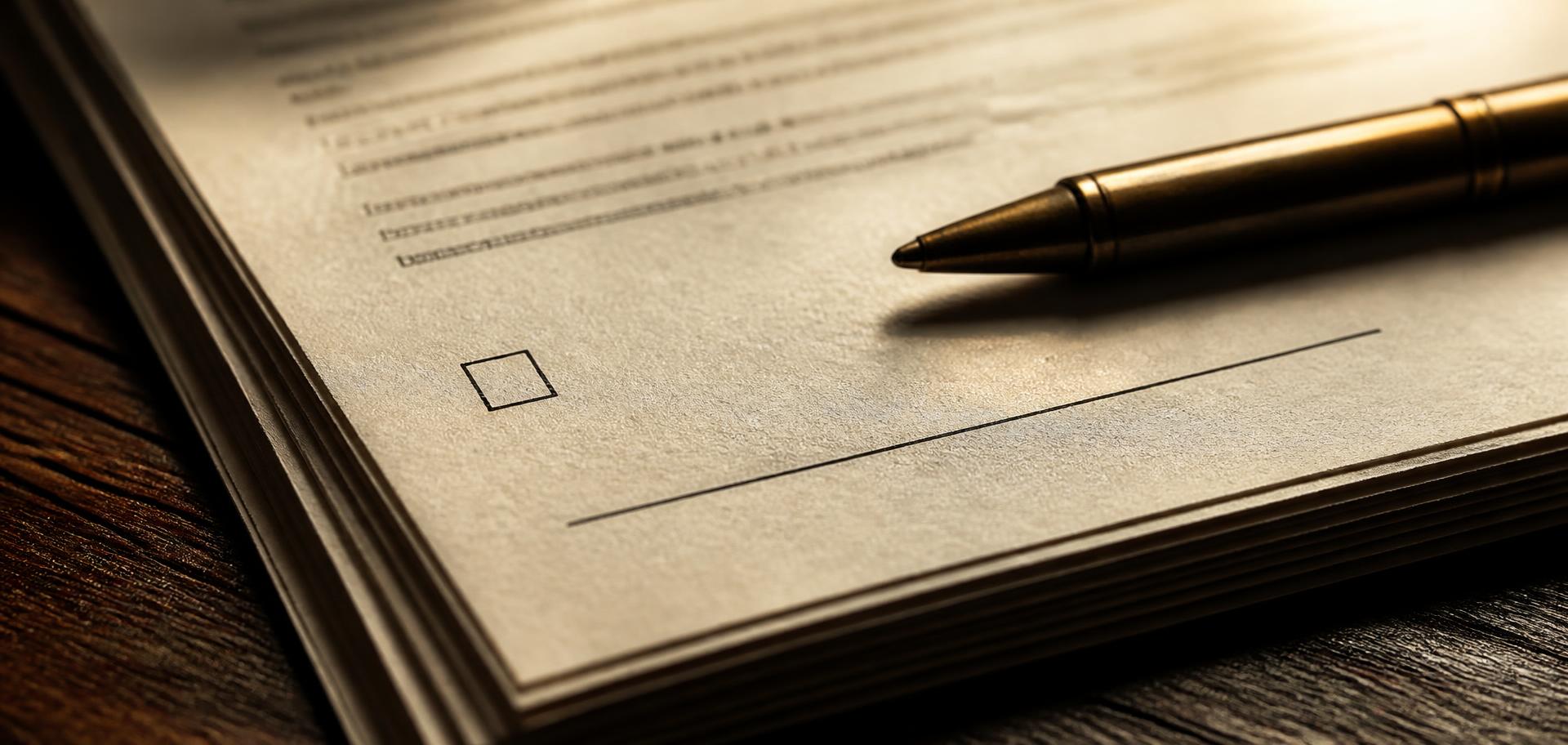Macro view of cream consent paperwork with a blank signature line and an unticked box, brass pen resting across it