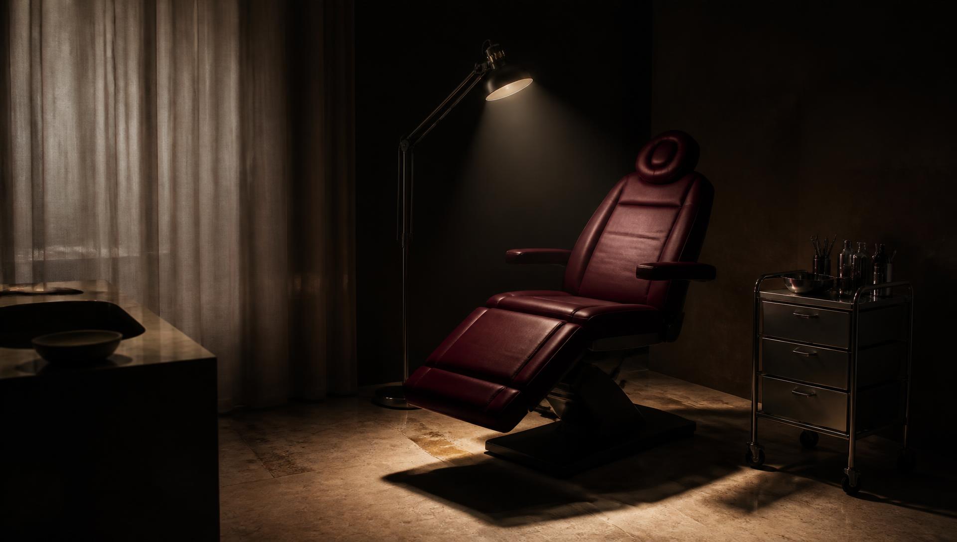 An empty reclining treatment chair upholstered in oxblood leather, lit by a single hard lamp, with an instrument cart waiting in shadow