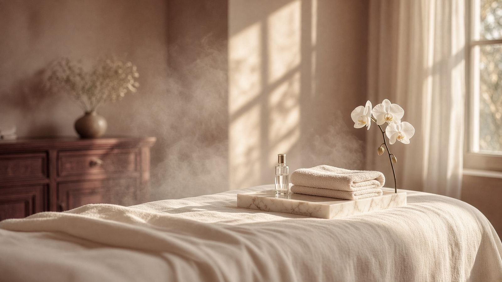 Empty treatment room in late window light: linen, marble, one glass vial